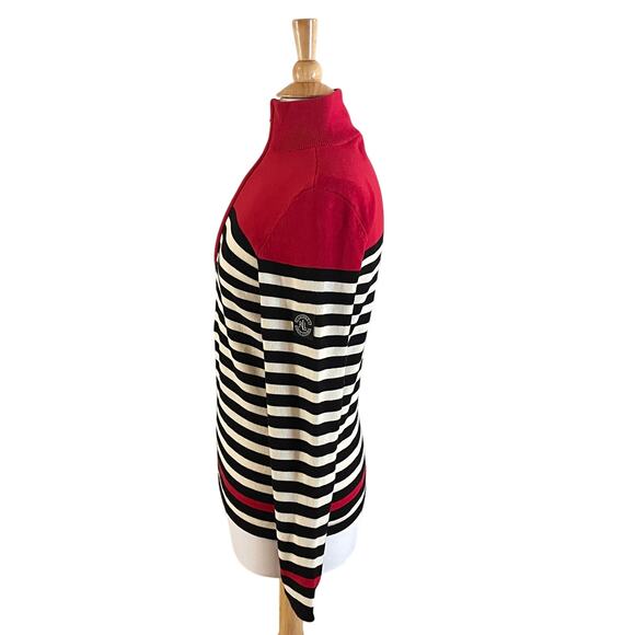 Lauren Ralph Lauren Cotton Red, White Black Stripe 1/4 Zip Sweater, Preppy, M - Picture 4 of 11